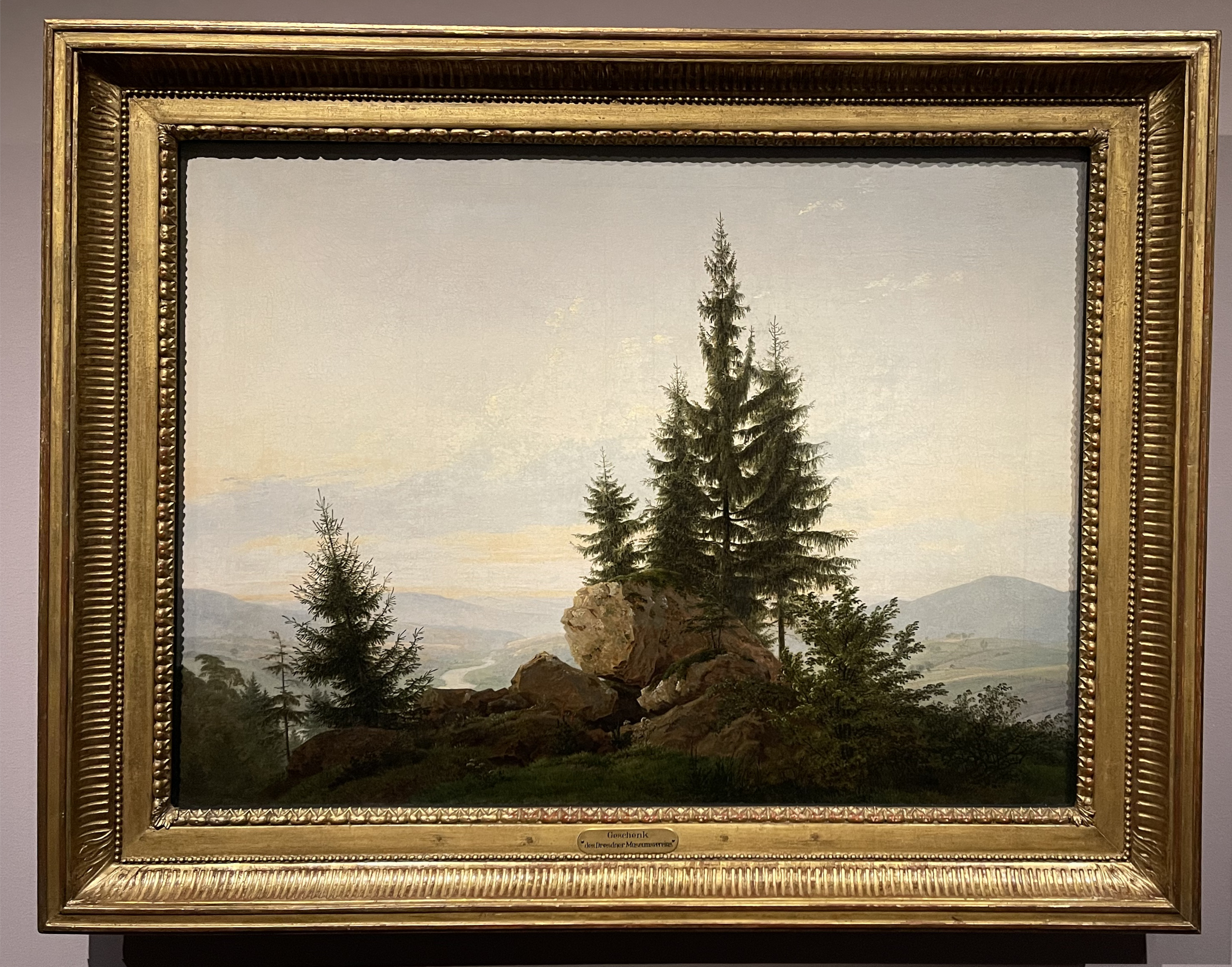 A group of sprout trees on a mountain peak overlooking a river valley in the distance.