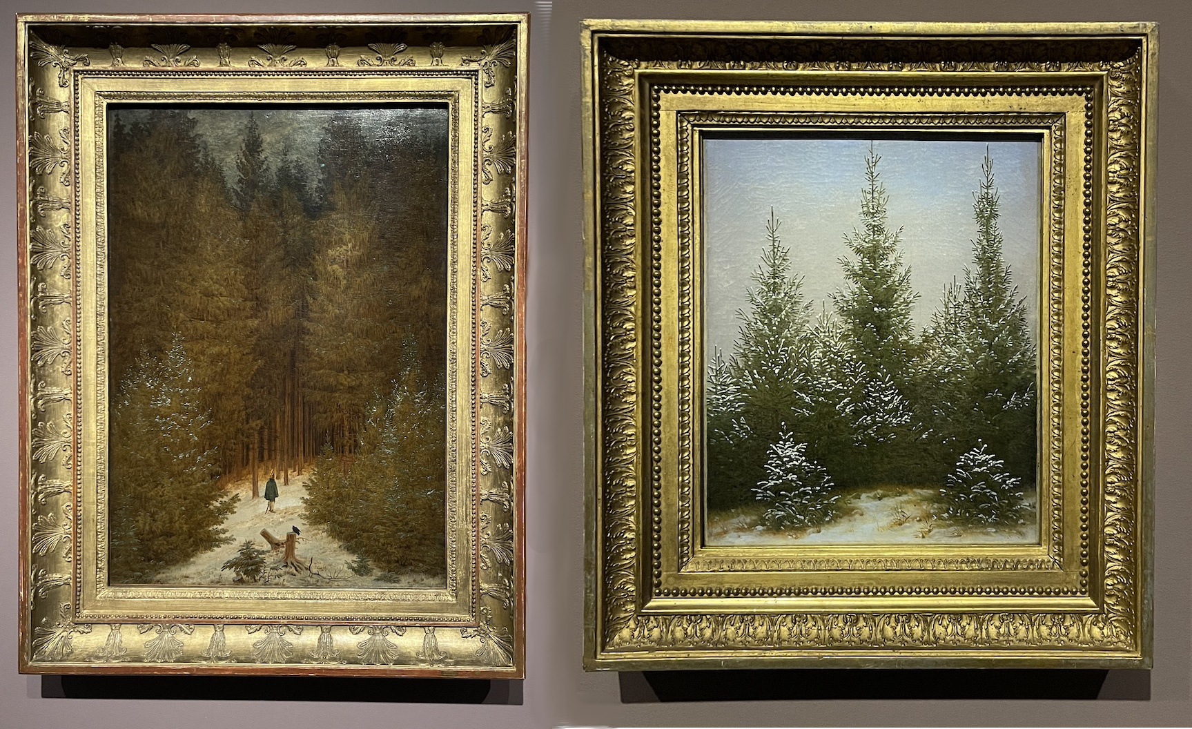 Caspar David Friedrich. Left: Der Chasseur im Wald, 1813. Right: Fichtendickicht im Schnee, 1827